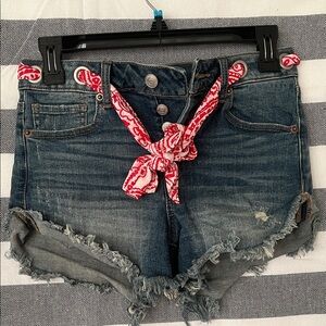 Altar'd State Blue Jean Shorts with Red Bandana Accents